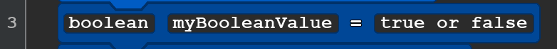 A snippet of a Quorum Studio program, showing the third block in the program. It reads: boolean myBooleanValue = true or false